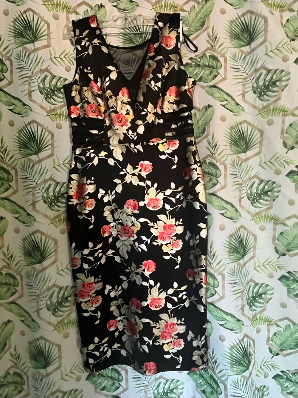 Enfocus Studio Black Midi Dress with Pink Rose Print